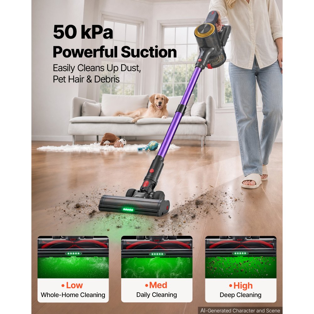 VEVOR Cordless Vacuum Cleaner 500W 50kPA Cordless Stick Vacuum Cleaner, For Home Hard Floor Carpet Pet Hair, 45-Min