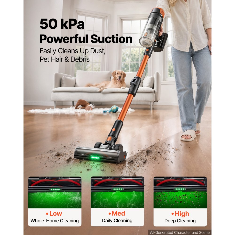 VEVOR Cordless Vacuum Cleaner 600W 50kPA Cordless Stick Vacuum Cleaner, For Home Hard Floor Carpet Pet Hair, 50-Min