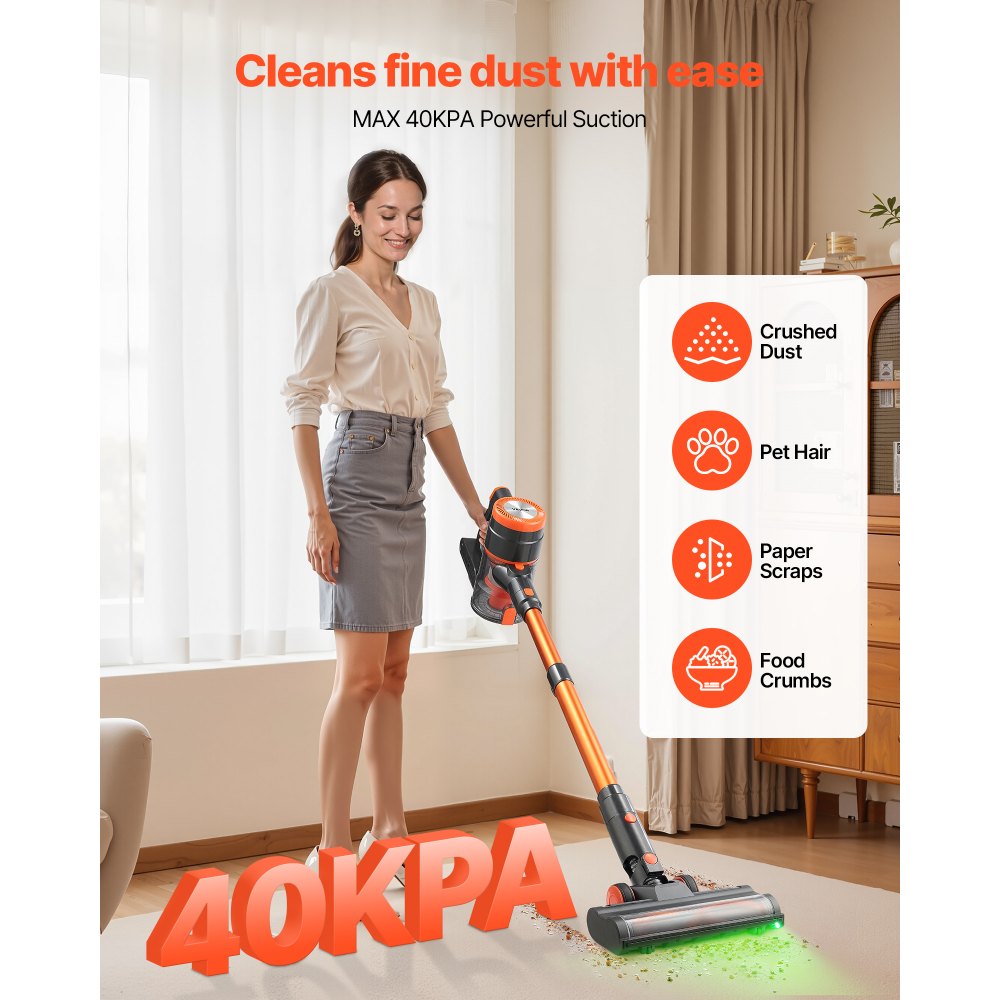 VEVOR Cordless Vacuum Cleaner, 40KPA Max Suction, Rechargeable Anti-Tangle Stick Vacuum with LED Display Screen