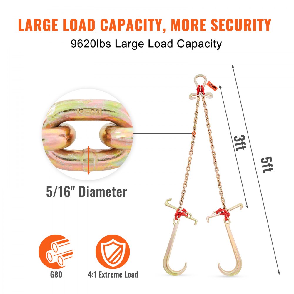 VEVOR V-Chain Bridle, 9620 lbs Working Load Limit, 5/16'' x 3' G80 Tow Chain with RTJ Cluster Hooks, DOT Certified