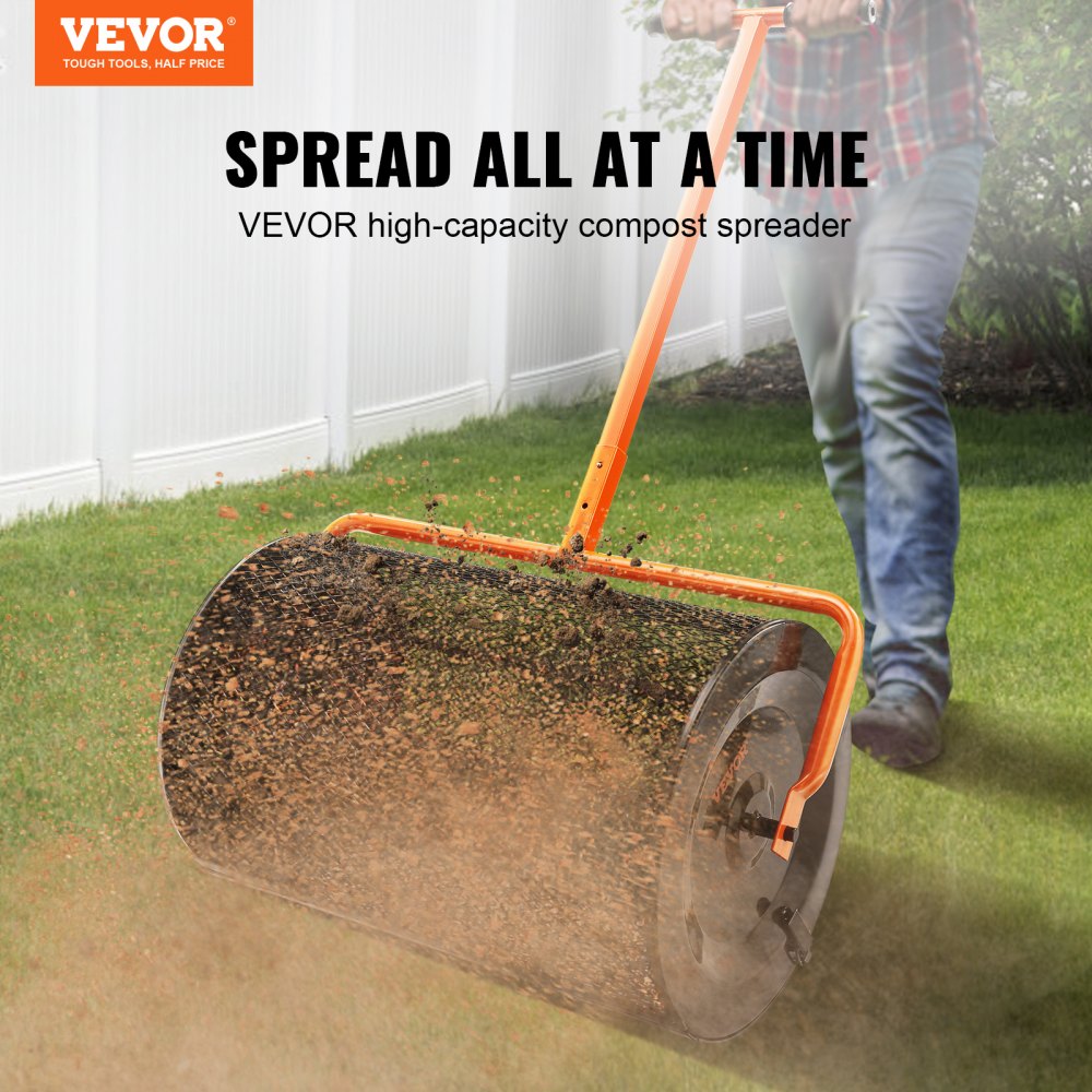 VEVOR Compost Spreader, 24.4-25.6" Height Adjustable Handle, 24" Wide, Lawn and Garden Peat Moss Roller with Side