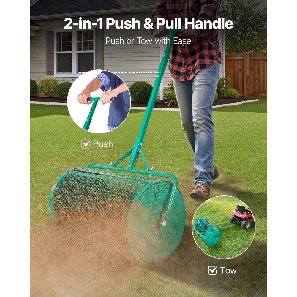 VEVOR Compost Spreader, 24 in Wide Peat Moss Spreader with Push/Tow Handle, 4 Heights Adjustable, Powder-Coated Steel
