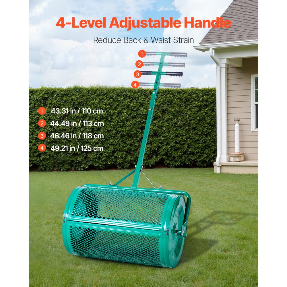VEVOR Compost Spreader, 24 in Wide Peat Moss Spreader with Push/Tow Handle, 4 Heights Adjustable, Powder-Coated Steel