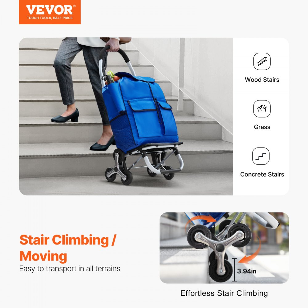 VEVOR Stair Climber Trolley Dolly, 36L Folding Shopping Cart, Grocery Cart Trolley Laundry Stair Climbing Handcart with