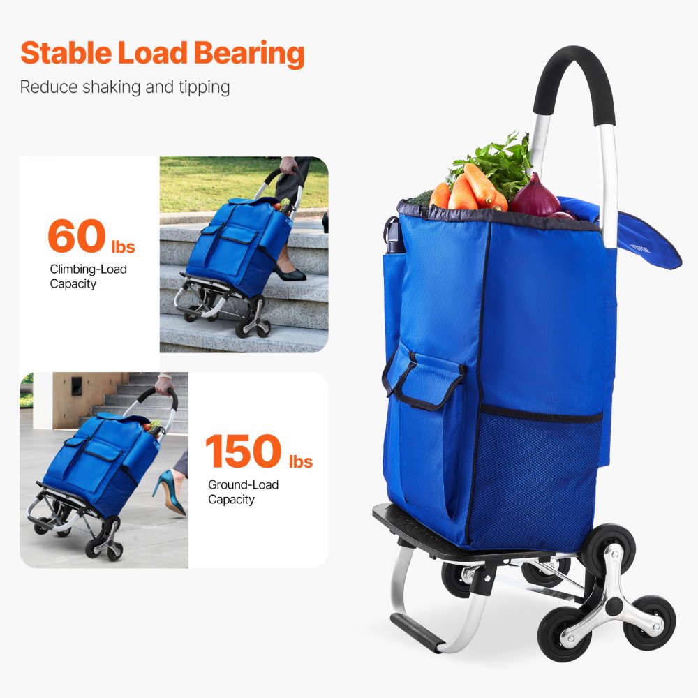 VEVOR Stair Climber Trolley Dolly, 36L Folding Shopping Cart, Grocery Cart Trolley Laundry Stair Climbing Handcart with