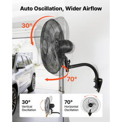 VEVOR Wall Mount Fan, 18 in Wall Mounted Hanging Fan Oscillating, 3-Speed, Long Airflow Distance, Adjustable Rotation