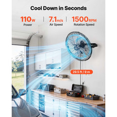 VEVOR Wall Mount Fan, 18 in Wall Mounted Hanging Fan, 3-Speed, Long Airflow Distance, Adjustable Rotation Angle