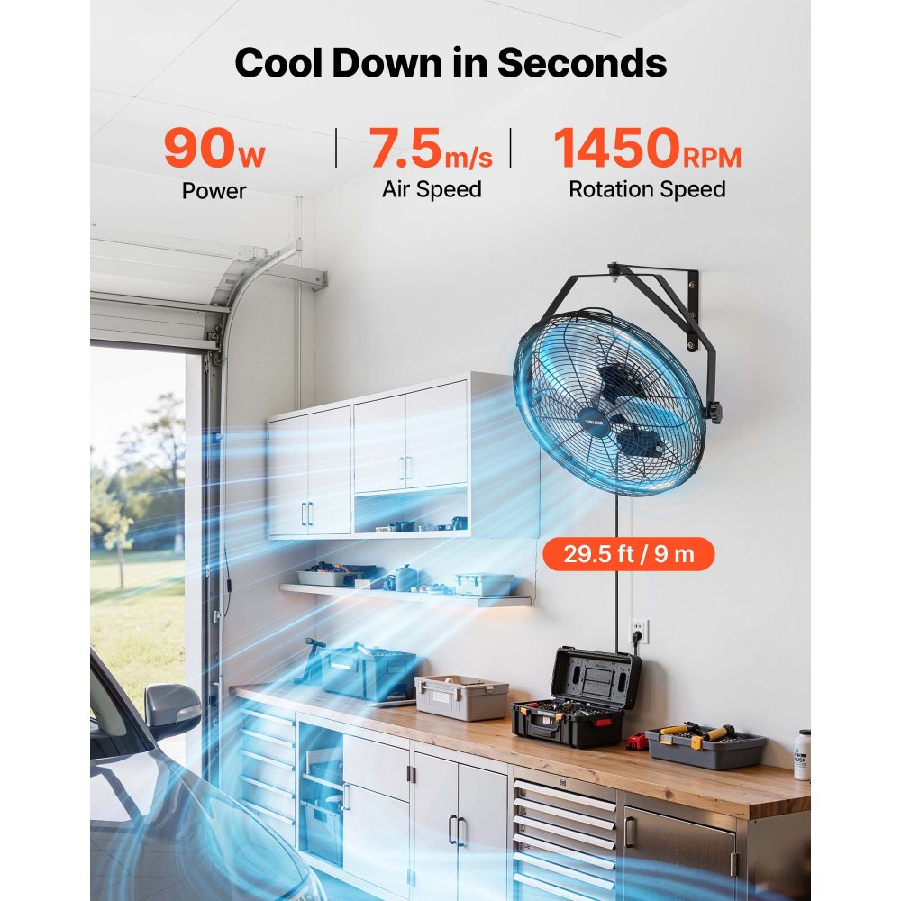 VEVOR Wall Mount Fan, 18 in Wall Mounted Hanging Fan with IP44-rated Protection, 3-Speed, Long Airflow Distance