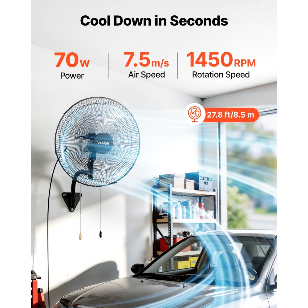 VEVOR Wall Mount Fan, 20 in Wall Mounted Hanging Fan Oscillating, 3-Speed, Long Airflow Distance, Adjustable Rotation