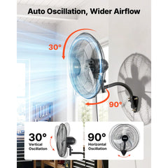 VEVOR Wall Mount Fan, 20 in Wall Mounted Hanging Fan Oscillating, 3-Speed, Long Airflow Distance, Adjustable Rotation