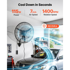 VEVOR Wall Mount Fan, 24 in Wall Mounted Hanging Fan with Oscillating & Mist, IP44-rated, 3-Speed, Powerful Air Reach