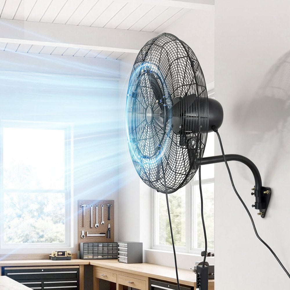 VEVOR Wall Mount Fan, 24 in Wall Mounted Hanging Fan with Oscillating & Mist, IP44-rated, 3-Speed, Powerful Air Reach