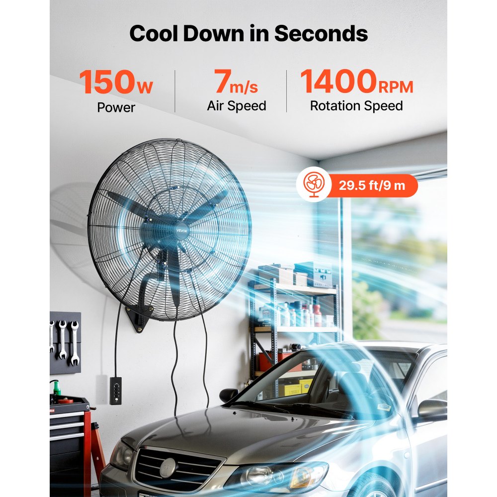 VEVOR Wall Mount Fan, 30 in Wall Mounted Hanging Fan with Oscillating & Mist, IP44-rated, 3-Speed, Powerful Air Reach