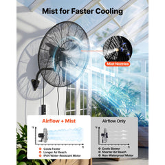 VEVOR Wall Mount Fan, 30 in Wall Mounted Hanging Fan with Oscillating & Mist, IP44-rated, 3-Speed, Powerful Air Reach