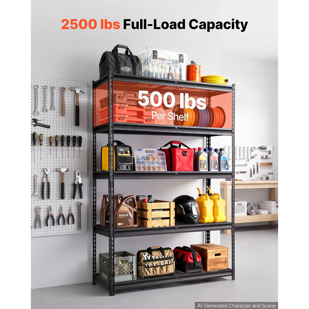 VEVOR Storage Shelves, 5-Tier 2500 lbs Garage Shelving 48 x 18 x 71.4 in, for Garage, Basement, Warehouse, Kitchen