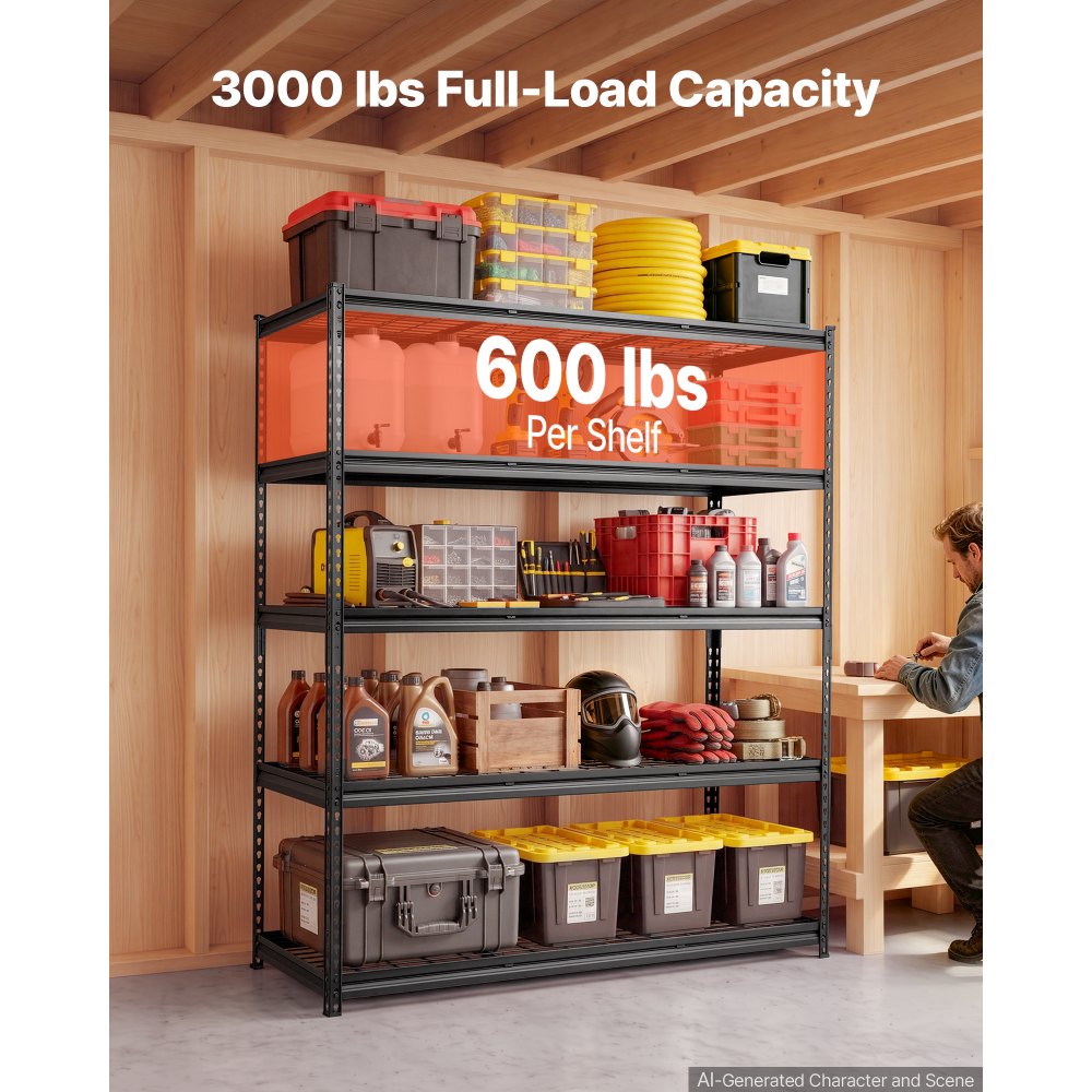 VEVOR Storage Shelves, 5-Tier 3000 lbs Garage Shelving 60 x 24 x 71.4 in, for Garage, Basement, Warehouse, Workshop
