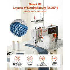 VEVOR Industrial Sewing Machine, 550W Lockstitch Sewing Machine Set with Servo Motor and Table Stand, 5000 SPM High