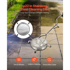VEVOR 22" Pressure Washer Surface Cleaner, Stainless Steel Pressure Washer Attachments with 4 Wheels, 4500 Max PSI, 3/8