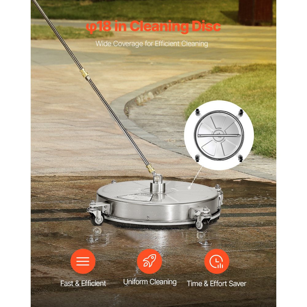 VEVOR 18" Pressure Washer Surface Cleaner, Stainless Steel Pressure Washer Attachments with 4 Wheels, 4000 Max PSI, 1/4