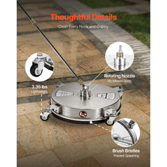 VEVOR 15" Pressure Washer Surface Cleaner, Stainless Steel Pressure Washer Attachments with 4 Wheels, 4000 Max PSI, 1/4