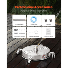 VEVOR 15" Pressure Washer Surface Cleaner, Stainless Steel Pressure Washer Attachments with 4 Wheels, 4000 Max PSI, 1/4