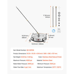 VEVOR 15" Pressure Washer Surface Cleaner, Stainless Steel Pressure Washer Attachments with 4 Wheels, 4000 Max PSI, 1/4