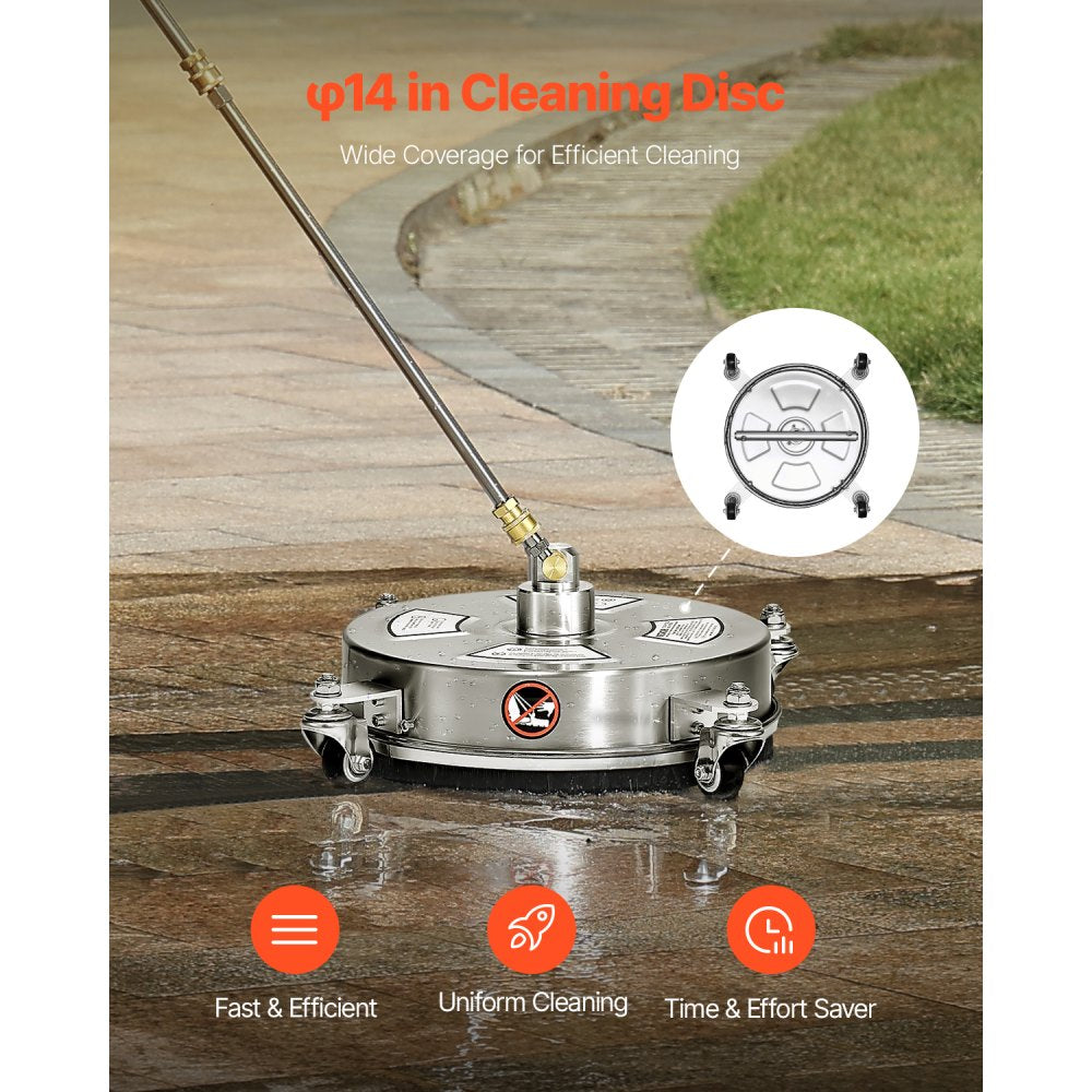 VEVOR 14" Pressure Washer Surface Cleaner, Stainless Steel Pressure Washer Attachments with 4 Wheels, 4000 Max PSI, 1/4