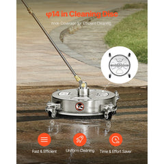 VEVOR 14" Pressure Washer Surface Cleaner, Stainless Steel Pressure Washer Attachments with 4 Wheels, 4000 Max PSI, 1/4