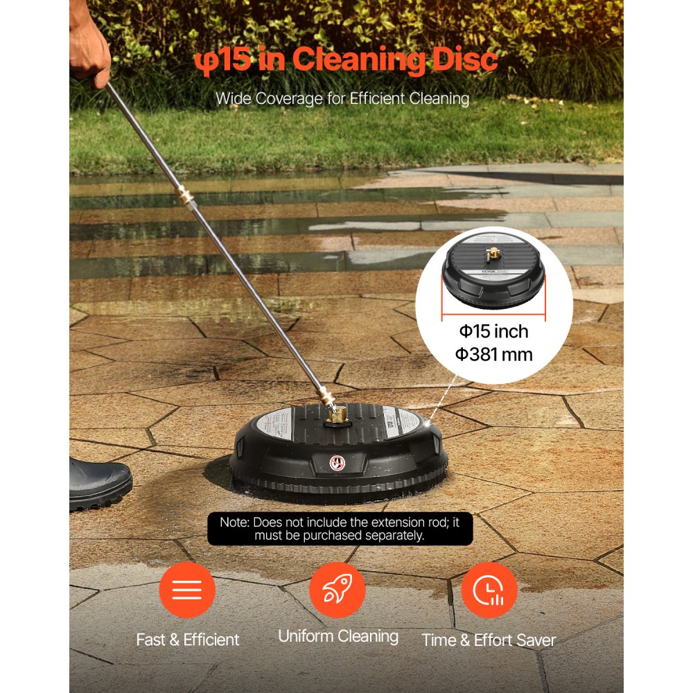 VEVOR 15" Pressure Washer Surface Cleaner, Plastic Pressure Washer Attachment, 4000 Max PSI, 1/4" Quick Connector, 2