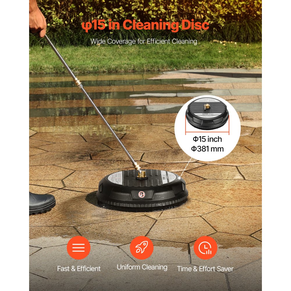 VEVOR 15" Pressure Washer Surface Cleaner, 4000 Max PSI, 1/4 Quick Connector, 2 Spray Nozzles, 2 Extended Wands for