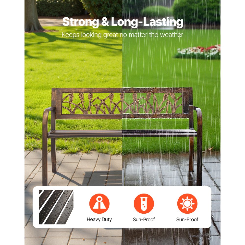 VEVOR Outdoor Bench, 50 inch, Carbon Steel Metal Frame with PVC Floral Pattern Backrest and Round Edge Armrests
