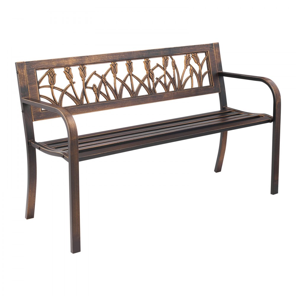 VEVOR Outdoor Bench, 50 inch, Carbon Steel Metal Frame with PVC Floral Pattern Backrest and Round Edge Armrests