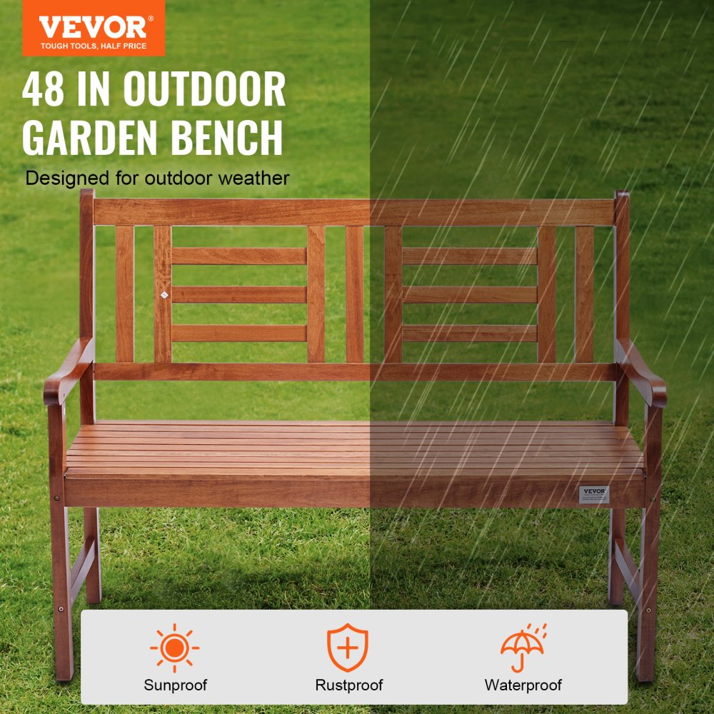 VEVOR Outdoor Bench, 48 inches Wood Garden Bench for Outdoors, Outdoor Garden Park Bench with Backrest and Armrests