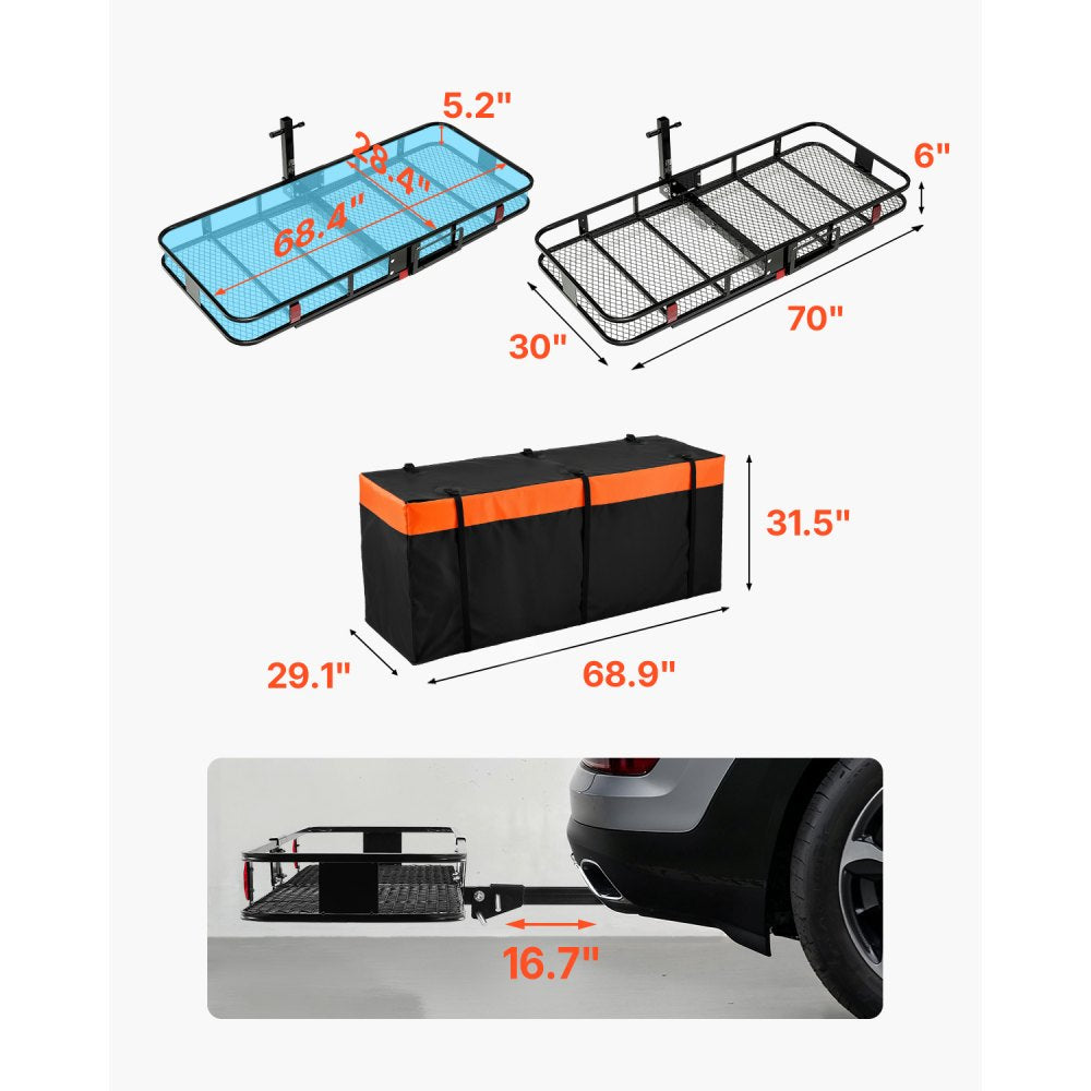 VEVOR 70" x 30" x 6", Hitch Cargo Carrier, 500 lbs Capacity Hitch Cargo Carrier with Ratchet Straps & Cargo Bag