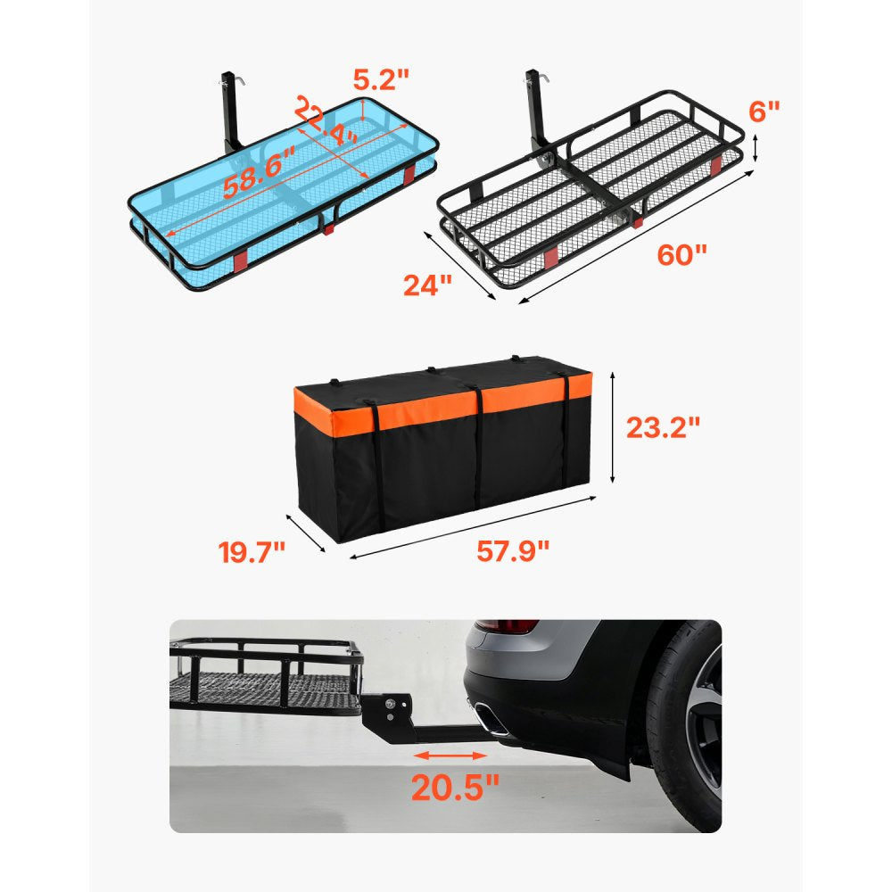 VEVOR 60" x 24" x 6", Hitch Cargo Carrier, 500 lbs Capacity Hitch Cargo Carrier with Cargo Net with Hook & Waterproof