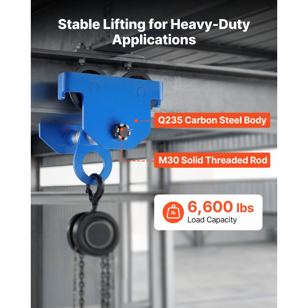VEVOR Manual Trolley, 6600 lbs/3 Ton Load Capacity, Push Beam Trolley with Dual Wheels, Adjustable for I-Beam Flange