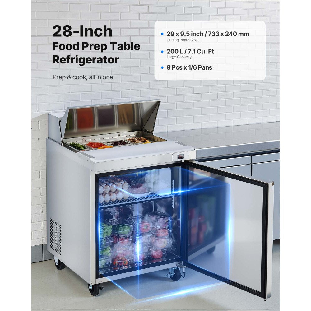 VEVOR 28"W Commercial Refrigerator, 7.1 Cu. Ft Sandwich Prep Refrigerated Table, Mega Top Food Prep Fridge with 8 Pans
