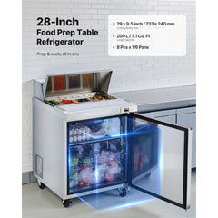 VEVOR 28"W Commercial Refrigerator, 7.1 Cu. Ft Sandwich Prep Refrigerated Table, Mega Top Food Prep Fridge with 8 Pans