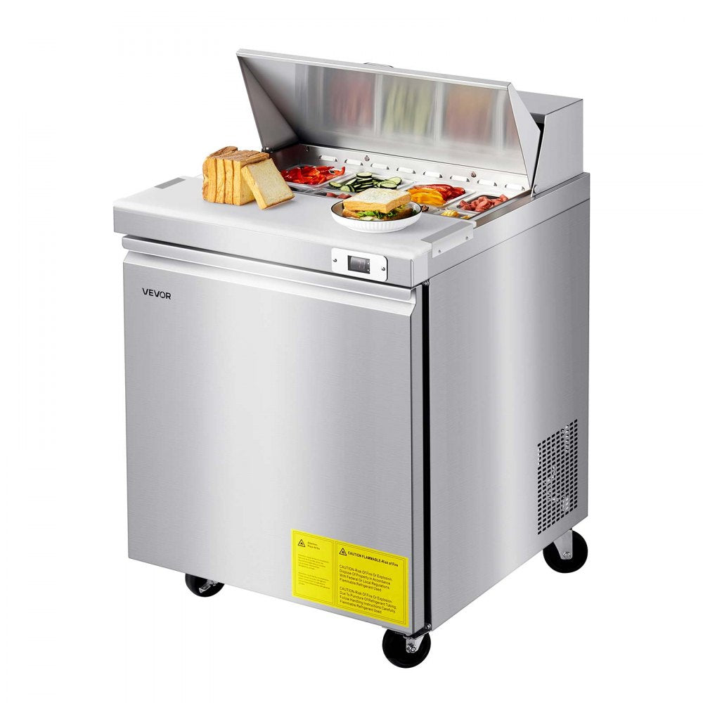 VEVOR 28"W Commercial Refrigerator, 7.1 Cu. Ft Sandwich Prep Refrigerated Table, Mega Top Food Prep Fridge with 8 Pans