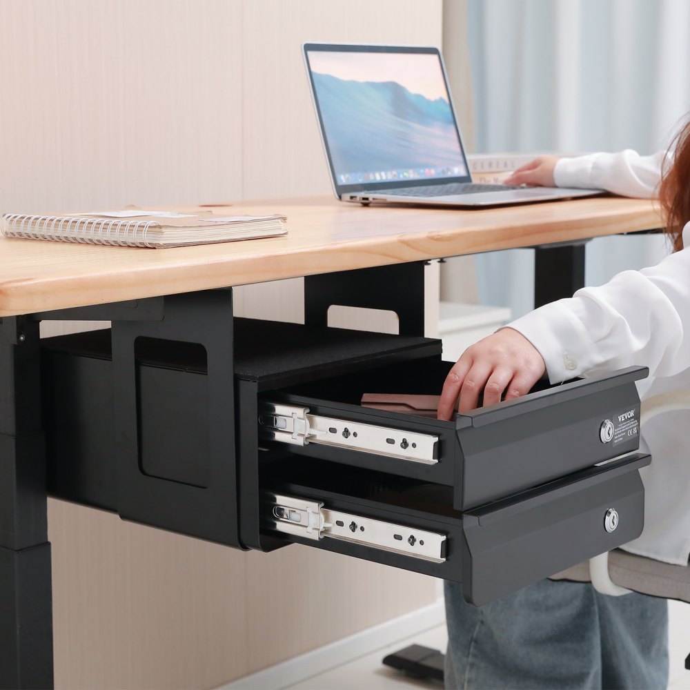 VEVOR 13" Wide Under Desk Drawer Slide Out, Under Table Pull-out Drawer Attachment, Hidden Desktop 2 Layer Storage