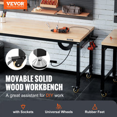 VEVOR Adjustable Workbench, 72" L X 25" W Garage Worktable with Universal Wheels, 28-39.5" Heights & 3000 LBS Load