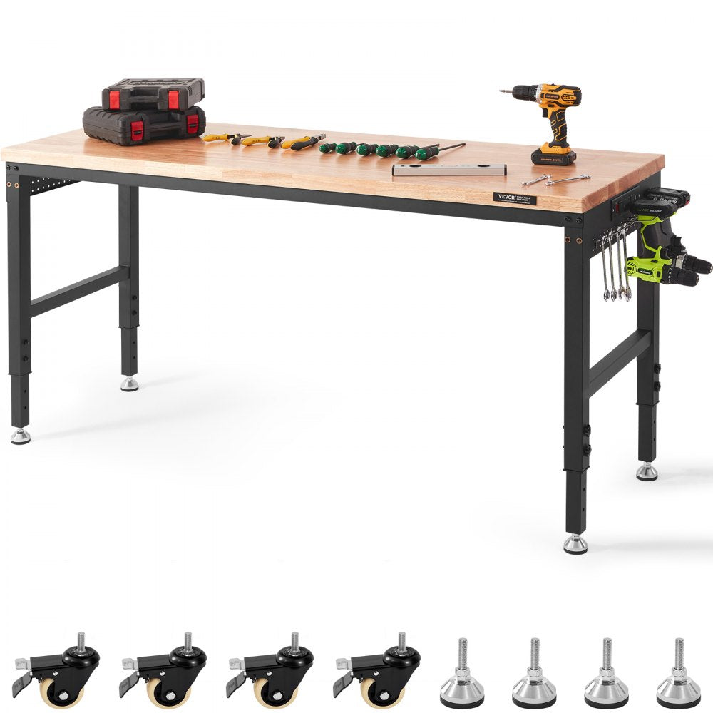 VEVOR Adjustable Workbench, 72" L X 25" W Garage Worktable with Universal Wheels, 28-39.5" Heights & 3000 LBS Load