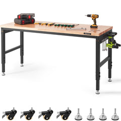 VEVOR Adjustable Workbench, 72" L X 25" W Garage Worktable with Universal Wheels, 28-39.5" Heights & 3000 LBS Load