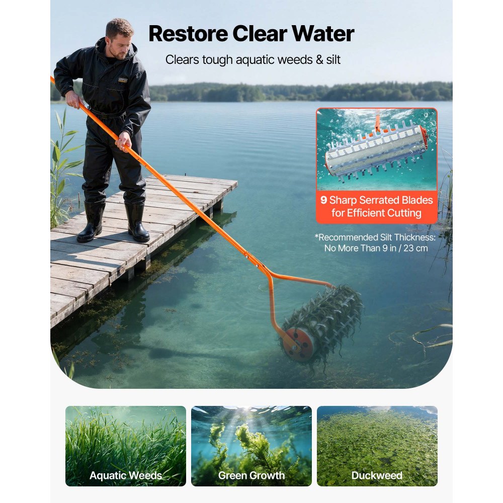 VEVOR Lake Weed Roller, 12 ft Lake & Pond Weed Removal Tool, Muck Razer Aquatic & Sludge Tiller, Rid Roots and Muck