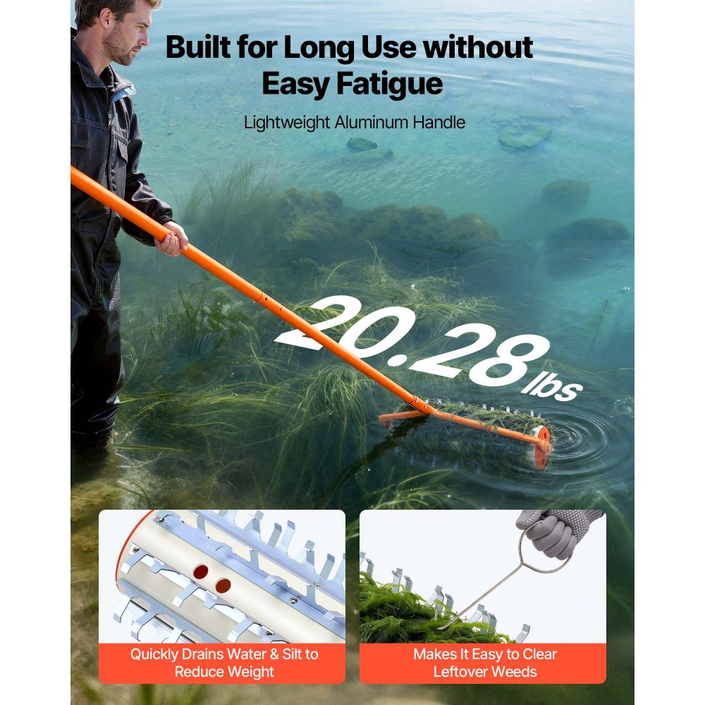 VEVOR Lake Weed Roller, 12 ft Lake & Pond Weed Removal Tool, Muck Razer Aquatic & Sludge Tiller, Rid Roots and Muck