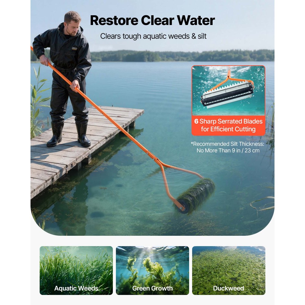 VEVOR Lake Weed Roller, 14.1 ft Stainless Steel Lake & Pond Weed Removal Tool, Muck Razer Aquatic & Sludge Tiller, Rid