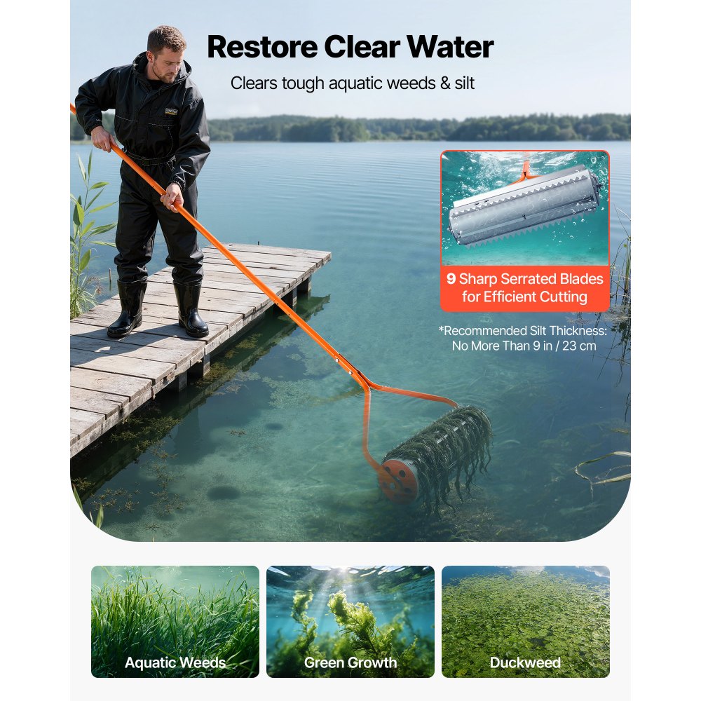 VEVOR Lake Weed Roller, 18 ft Lake & Pond Weed Removal Tool, Muck Razer Aquatic & Sludge Tiller, Rid Roots and Muck