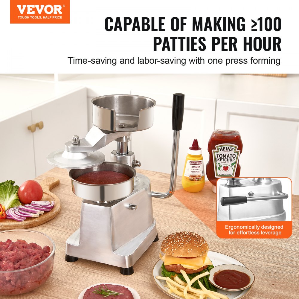 VEVOR Commercial Burger Patty Maker, 130mm/5inch Hamburger Beef Patty Maker, Heavy Duty Food-Grade Stainless Steel Bowl