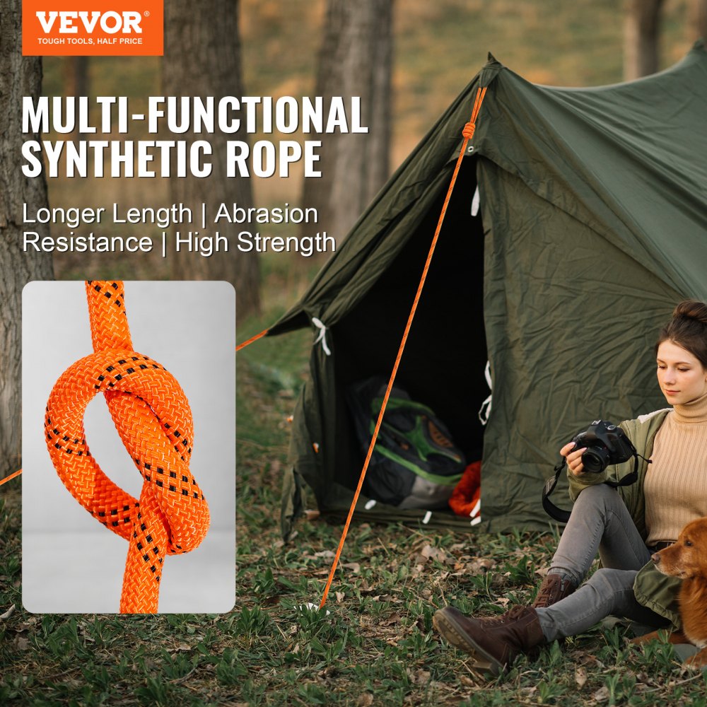 VEVOR Dual-Weave Polyester Cord, 3/8 inch by 120 feet, 48-Strand, 4000 Pound Tensile Strength, Multi-Use Rope for