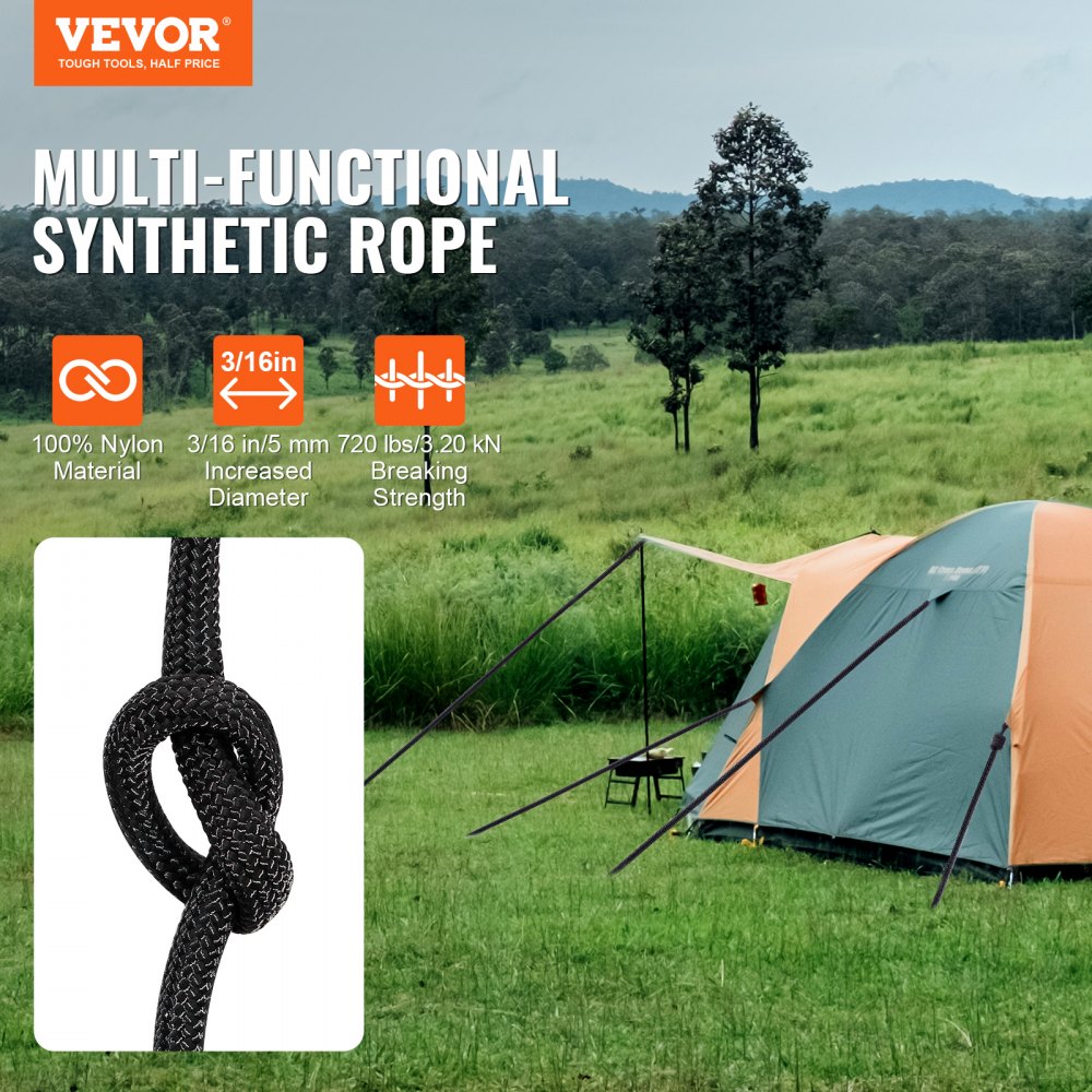 VEVOR Braided Nylon Cord, 3/16 inch by 250 feet, 32-Strand Design, 720 LBS Tensile Strength, Multi-Purpose Black Rope